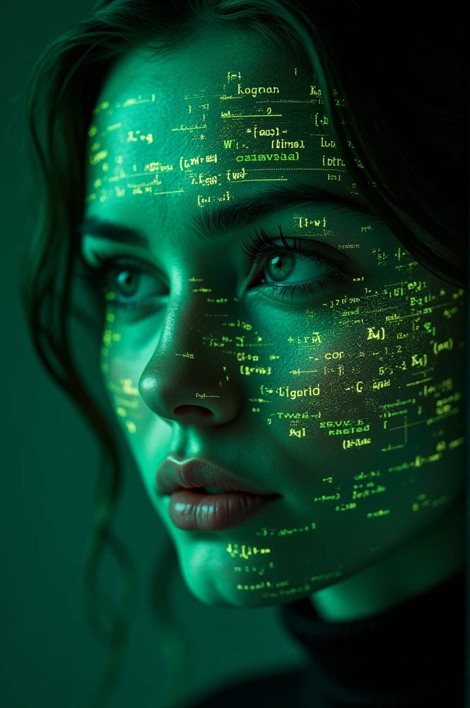 Close-up of woman's face, glowing green holographic equations projected onto skin. Intense gaze, realistic features. Dark background, cyberpunk aesthetic. Luminous mathematical formulas, handwritten style. Futuristic, high-tech atmosphere. Photorealistic rendering, dramatic lighting, sharp contrast