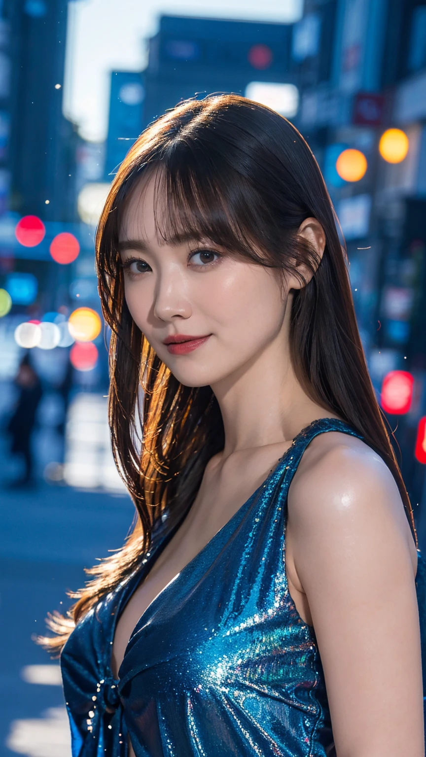 1girl,(wearing a blue glittery evening dress:1.2),(RAW photo, best quality), (realistic, photo-realistic:1.4), masterpiece, an extremely delicate and beautiful, extremely detailed, 2k wallpaper, Amazing, finely detail, extremely detailed CG unity 8k wallpaper, ultra-detailed, highres, soft light, beautiful detailed girl, extremely detailed eyes and face, beautiful detailed nose, beautiful detailed eyes,cinematic lighting,city lights at night,perfect anatomy,slender body,light smile,close up,(long hair with bangs), medium breast,open shoulder,NSFW