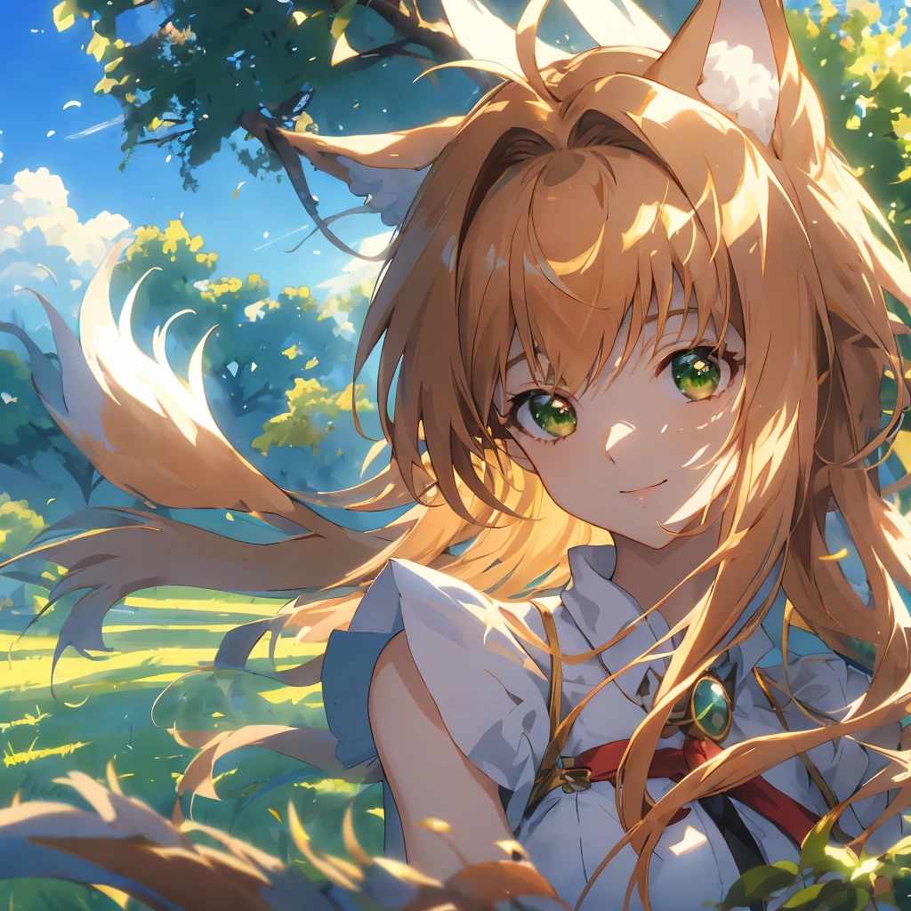 master piece, Best Quality, A high resolution, top-quality, Anime style, The best lighting, Beautiful face, kinomoto sakura, 1woman, tall, 30 years old, large breasts, light brown hair, very Short hair, shoulder length hair, Antenna Hair, Green eyes, frills, dynamic angle, wolf ears and tail, confident smile, vibrant colors, green meadows, , looking at viewer, green grass, open plains, trees in the distance, blue skies,