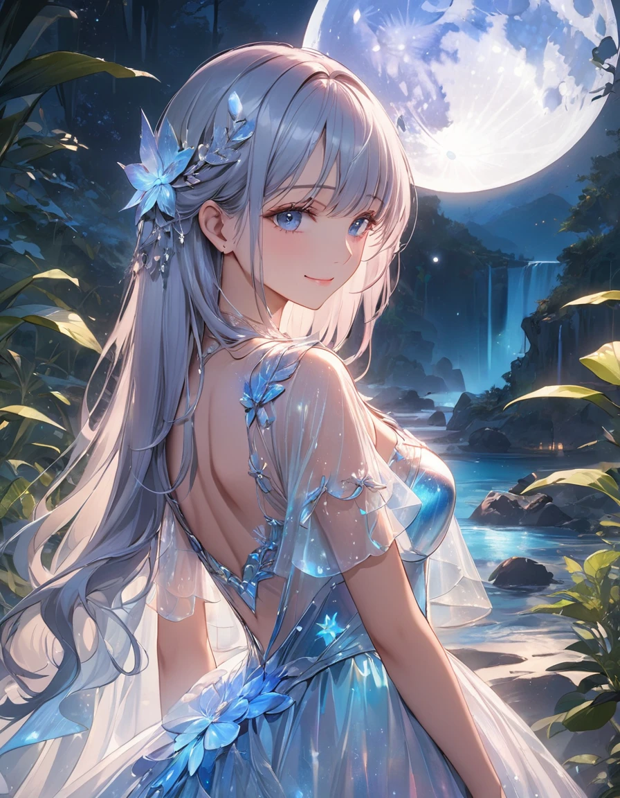 (masterpiece:1.2),(4k),high quality,(perfect anatomy),((arms behind side)),(1 girl),(goddess of the moon),Artemis,silver long hair,beautiful detailed blue eyes,a shy smile,look at viewer,(bioluminescent dress),Undeservedly beautiful,dreamy romantic,fantastic and dreamy theme,mysterious atmosphere,enchanting dream,fantastical scenes,Add a dramatic and symbolic element to your scene,(silver moon),(silver moon light)