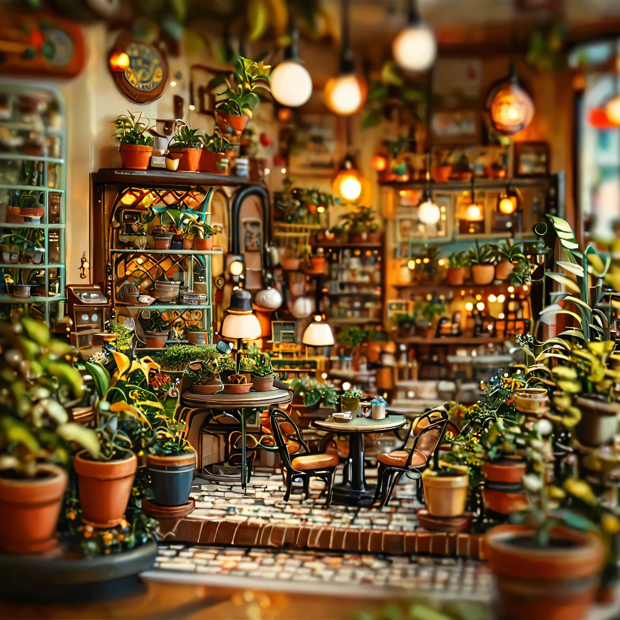 Tilt Shift Photo,(masterpiece, Highest quality, Highest quality),(Very detailed, The absolute solution),((16K, High resolution)). (Retro cafe and potted plants, interior))