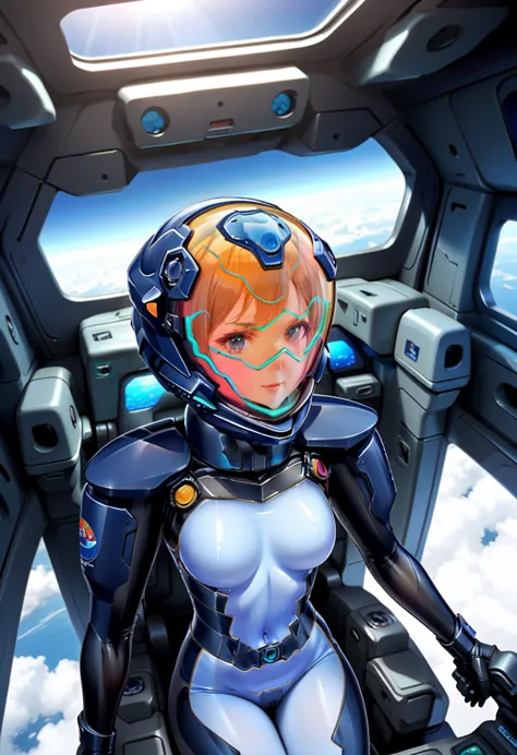 ((female pilot in the cockpit of a reconnaissance plane), (airplane cockpit), (in flight), (10000 feet altitude)、(sky view):1.7)...