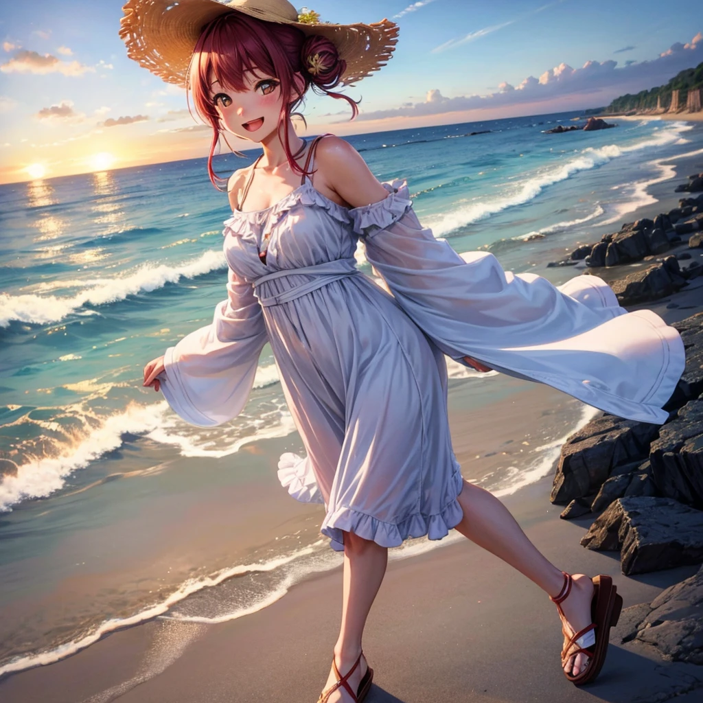 Photorealistic, high-quality 32k photo of a beautiful Japanese girl in a summer dress, with detailed eyes and a joyful smile, walking along the beach. She’s wearing a light, flowy dress with sandals, her hair tied back in a casual bun, and a sun hat. The image captures her full body with the serene beach and sunset in the background, emphasizing her carefree spirit and the romantic beach setting