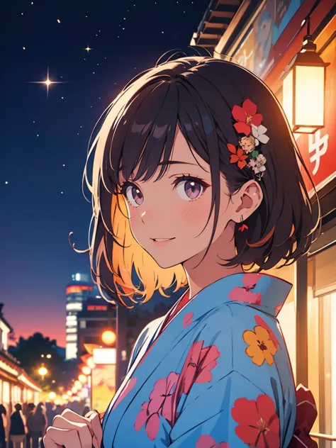 summer festival,date with her,night, starry sky,yukata,gazing at the sky,high school girl,smile,glitter effect,highest quality, ...