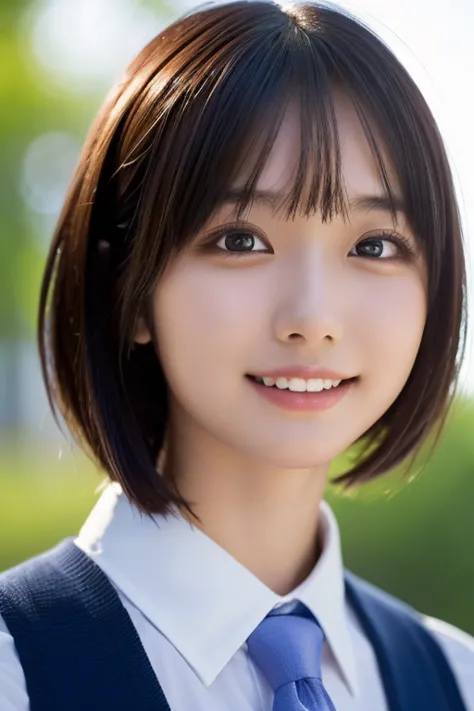 ((masterpiece, highest quality, high resolution)), 1 japanese girl, (realistic: 1.4), great face, 15 years old, smile、short hair...