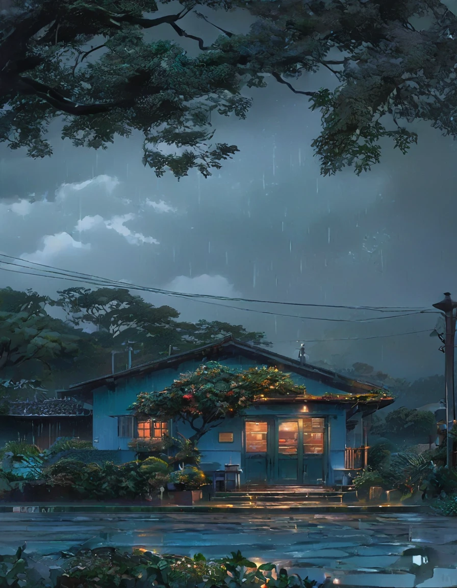 there is a blue house with a tree and a street light, rainy evening, rainy night, cartoon moody scene, rainy and gloomy atmosphere, anime background art, beautiful anime scene, calm night. digital illustration, raining at night, lo-fi illustration style, lofi artstyle, late night raining, rainy scene, rainy stormy night, rainy afternoon, very detailed digital painting