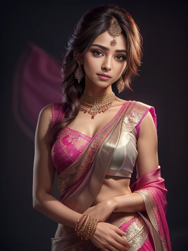 8k, masterpiece, RAW photo, best quality, photorealistic, extremely detailed CG unity 8k wallpaper, Depth of field, Cinematic Light, Lens Flare, Ray tracing, (extremely beautiful face, beautiful lips, beautiful eyes), intricate detail face, ((ultra detailed skin)) 1girl, in the dark, deep shadow, pretty indian girl, indian idol, 1 girl, (very slim slender fit-muscled body:1.3), ((looking at viewer)),(big smile:1.3), (tight laced blouse), (white color blouse), (sleeveless) , (fashion city night, dark night, (neon sign), (blurred background), fashion street night),(without people in the background:1.3), beautiful earrings, bracelets, necklace, pantyhose, clear eyes, (pale skin), (big eyes), face forward, ((upper body shot)), ((silk hot pink color saree:1.3)),(brown hairs),((tight fitting silk pants)), (looking at viewer:1.3) open breast, healthy body, medium breasts, see through blouse, transparent pants, updo hair