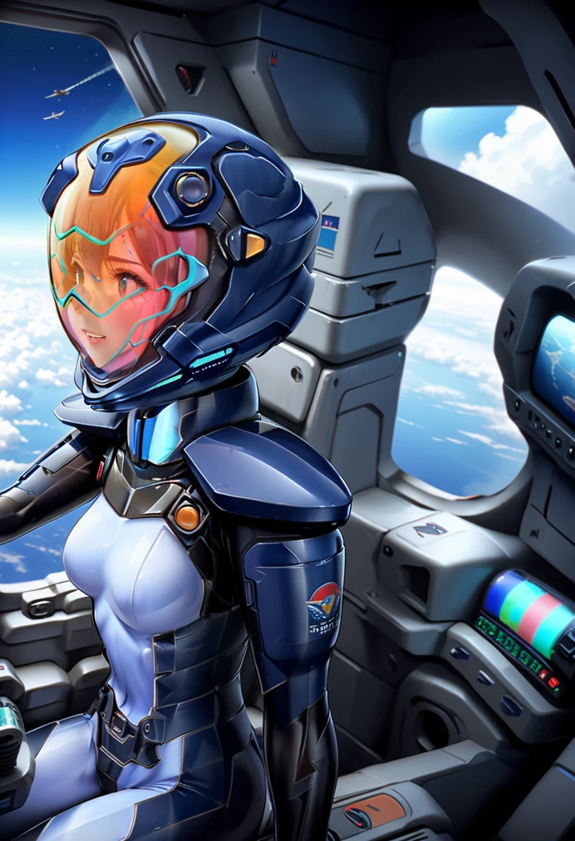 ((Female pilot in the cockpit of a reconnaissance plane), (airplane cockpit), (in flight), (10000 feet altitude)、(sky view):1.7),, short hair, street, emo, BLACK hair, white eyes, eyeliner, apocalypse, 2girl, nside the (cockpit:1.9) of a (futuristic spaceship:1.6), , blush covered navel, space helmet, muvluv, space helm, plug suit , space helmet, eva helm, space suit, short hair,  blue bodysuit, visor helmet, from side, grin