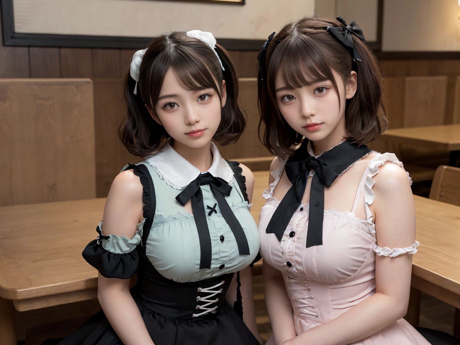 masterpiece, Highest quality, figure, Very detailed, The finer details, High resolution, 8k,wallpaper, Perfect dynamic composition,(Detailed high quality, Realistic depiction of eyes:1.3), (Three Girls),(Gothic Lolita fashion with tight buttons on the collar and chest), Seraphim, Short Bob Hair, In the background is an empty restaurant, Deep in the field, Black hair color, Big Natural Color Lip, (Perfect figure), (smile)、Harajuku Style、Elementary school girl in Japan:1.3), Adorable expression、Expressions of happiness、10 years old、height: 145cm、Baby Face、Amazingly cute、Cute type、Beautiful feet, Idol Sculpture、Big Breasts