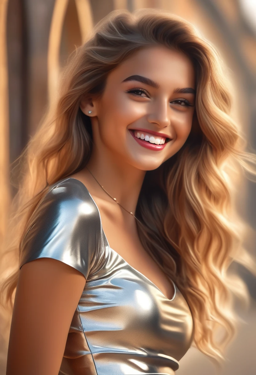 (foto cruda, mejor calidad, obra maestra, ultra detallado, alta resolución), (Realista),(extremadamente delicada y hermosa:1), imagen fascinante de una hermosa chica sonriente de finales de los 20 con cabello largo ,  , top corto plateado y falda skater brillante , ella es modelo posando para fotos ,  Muy detallado, Detalles de extremadamente alta resolución, Fotográfico, realismo llevado al extremo, textura fina, 8K, ultra detallado, alta calidad, alto contraste 