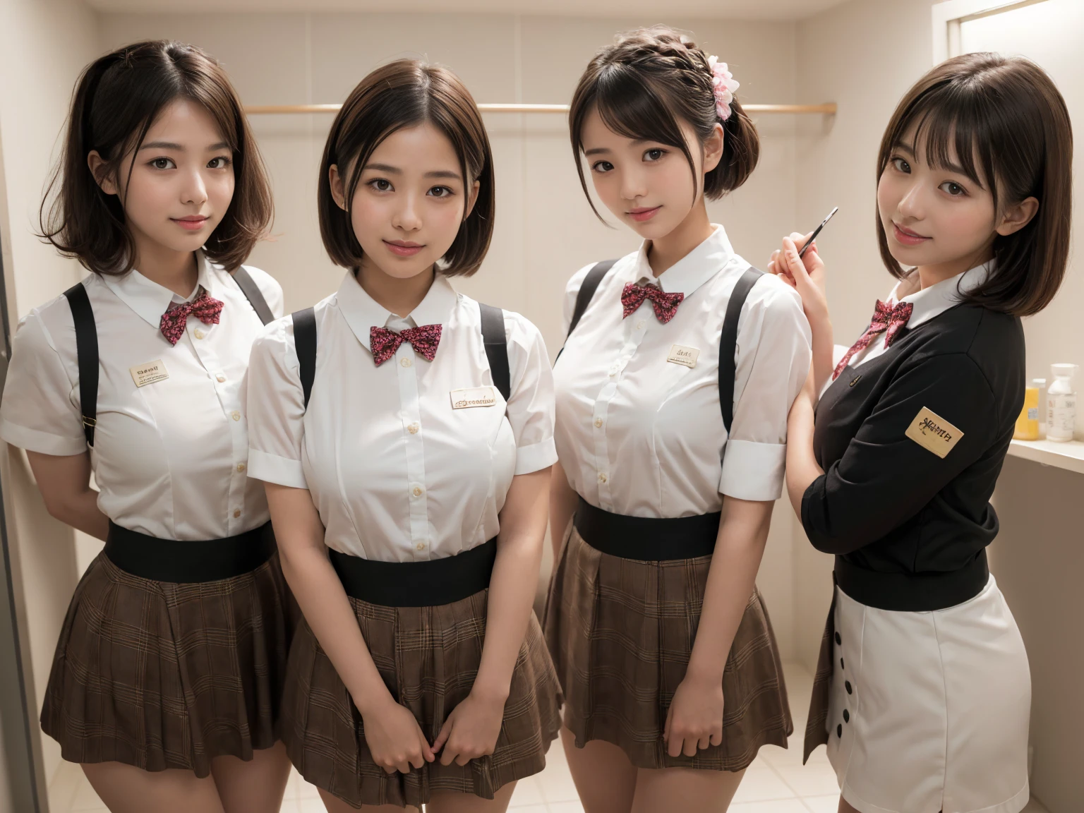 masterpiece, Highest quality, figure, Very detailed, The finer details, High resolution, 8k,wallpaper, Perfect dynamic composition,(Detailed high quality, Realistic depiction of eyes:1.3), (Three Girls),(A tight-fitting waitress uniform with buttons on the collar and chest), Seraphim, Short Bob Hair, The background is an empty changing room, Deep in the field, Black hair color, Big Natural Color Lip, (Perfect figure), (smile)、Harajuku Style、Elementary school girl in Japan:1.3), Adorable expression、Expressions of happiness、、height: 145cm、Baby Face、Amazingly cute、Cute type、Beautiful feet, Idol Sculpture、(Changing clothes in the changing room:1.5)