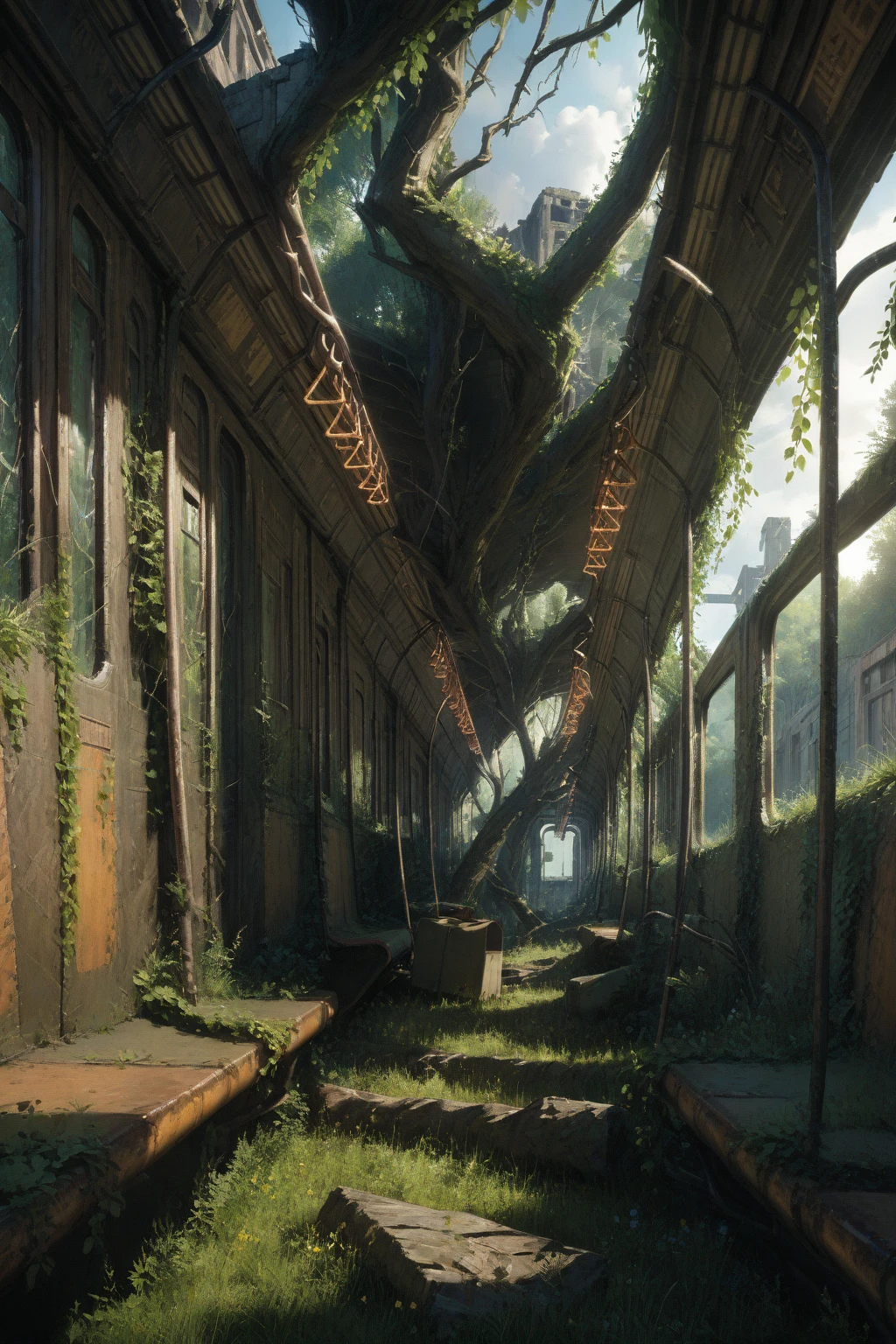 ,ruanyi0777,Moos,vines,Overgrown,tree,ruins,Railroad station,1 girl,​masterpiece,best quality,extremely detail,8k,super nice illustration,Very detailed beautiful face and eyes,perfect anatomy,professional lightning,