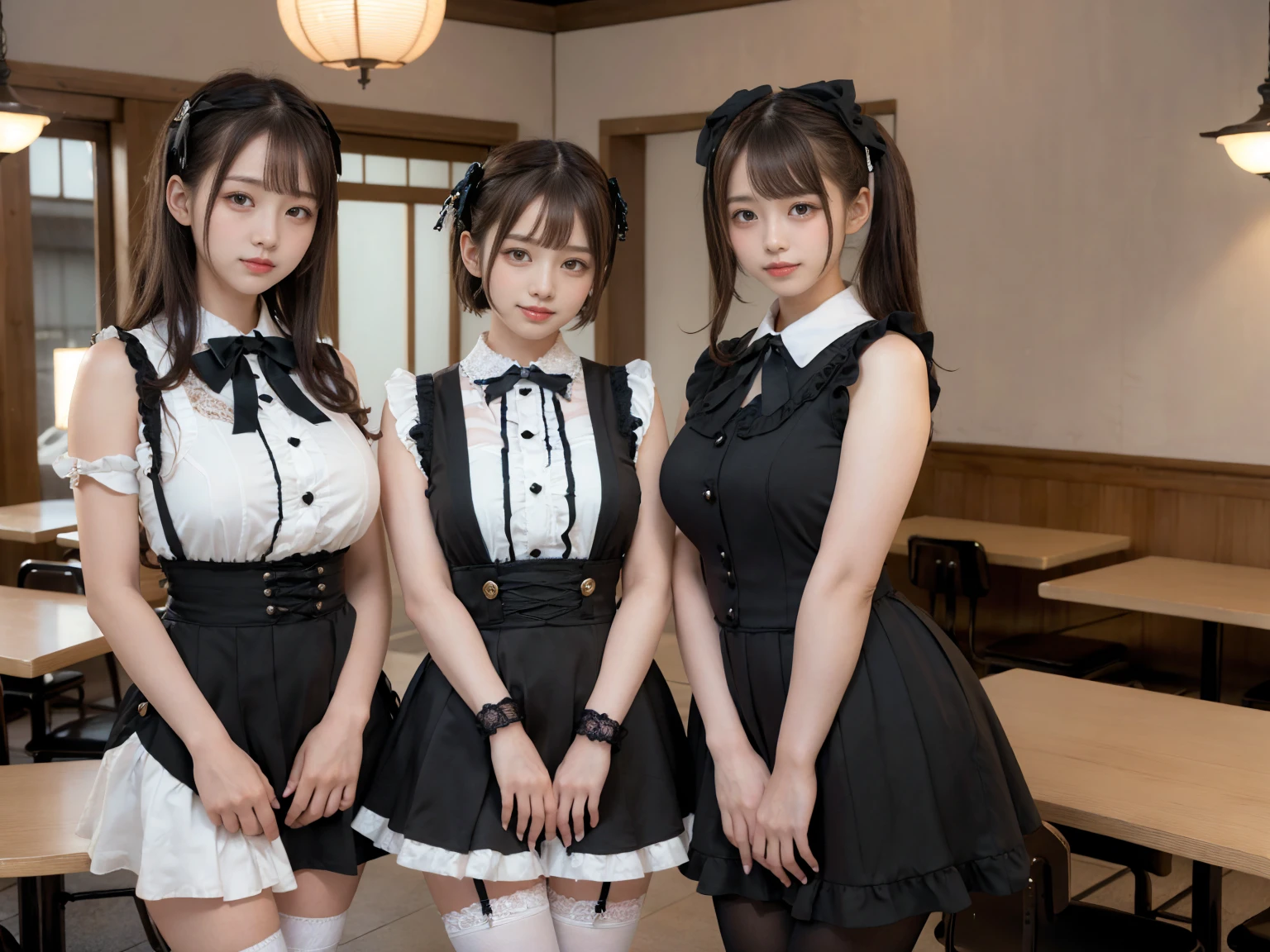 masterpiece, Highest quality, figure, Very detailed, The finer details, High resolution, 8k,wallpaper, Perfect dynamic composition,(Detailed high quality, Realistic depiction of eyes:1.3), (Three Girls),(Gothic Lolita fashion with tight buttons on the collar and chest), Seraphim, Short Bob Hair, In the background is an empty restaurant, Deep in the field, Black hair color, Big Natural Color Lip, (Perfect figure), (smile)、Harajuku Style、Elementary school girl in Japan:1.3), Adorable expression、Expressions of happiness、、height: 145cm、Baby Face、Amazingly cute、Cute type、Beautiful feet, Idol Sculpture、Big Breasts,