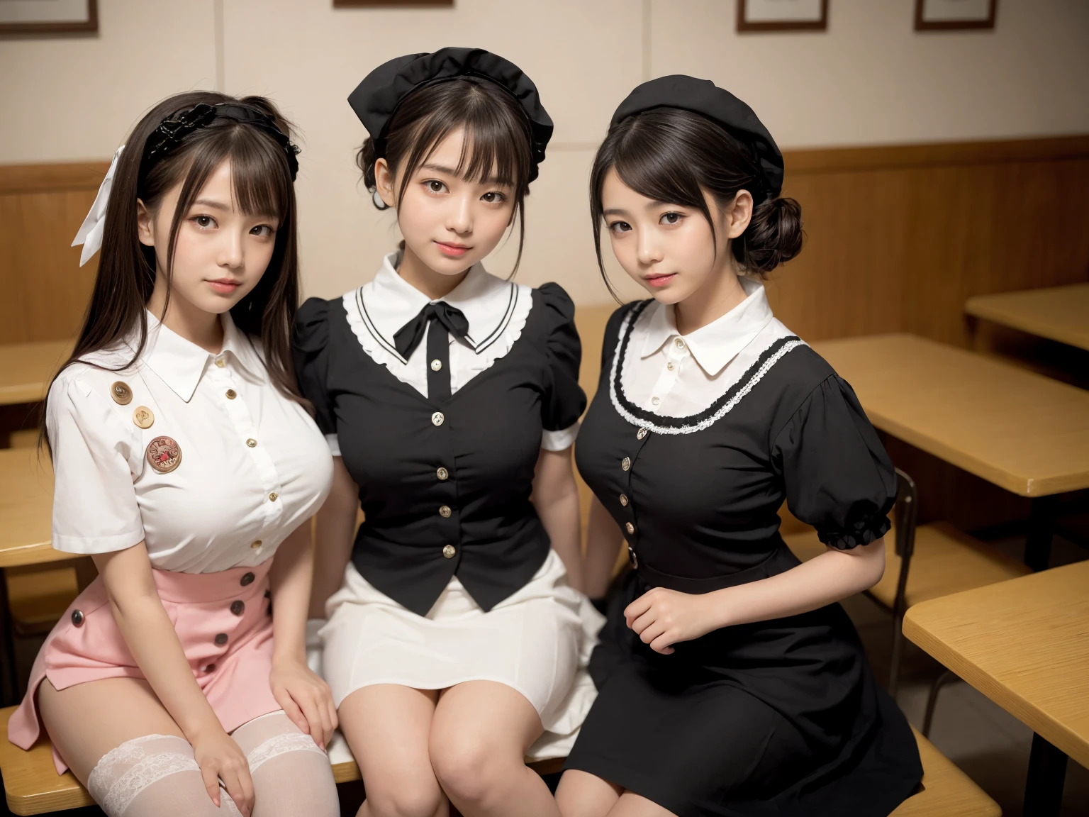 masterpiece, Highest quality, figure, Very detailed, The finer details, High resolution, 8k,wallpaper, Perfect dynamic composition,(Detailed high quality, Realistic depiction of eyes:1.3), (Three Girls),(Gothic Lolita fashion with tight buttons on the collar and chest), Seraphim, Short Bob Hair, In the background is an empty restaurant, Deep in the field, Black hair color, Big Natural Color Lip, (Perfect figure), (smile)、Harajuku Style、Elementary school girl in Japan:1.3), Adorable expression、Expressions of happiness、、height: 145cm、Baby Face、Amazingly cute、Cute type、Beautiful feet, Idol Sculpture、Big Breasts、whole body