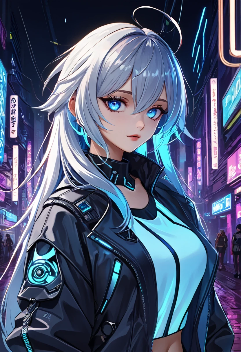 (masterpiece, top quality, best quality, official art, beautiful and aesthetic:1.2),(8k, best quality, masterpiece:1.2), (((masterpiece))),(((best quality))),(((extremely detailed))),illustration,who, (masterpiece, top quality, best quality, official art, beautiful and aesthetic:1.2),(8k, best quality, masterpiece:1.2), furina (genshin impact), solid eyes, sharp eyes, teardrop pupil, blue eyes, light blue eyes, heterochromia, very long hair, ahoge, (1girl wearing cyber jacket, (neon lights:1.4), (futuristic design:1.5), (tech patterns:1.3), (glowing accents:1.4), (sleek:1.2), (high-tech:1.3), (urban background:1.2), (detailed:1.3), (dark colors:1.4), (reflective surfaces:1.2), (cyberpunk:1.5)), 