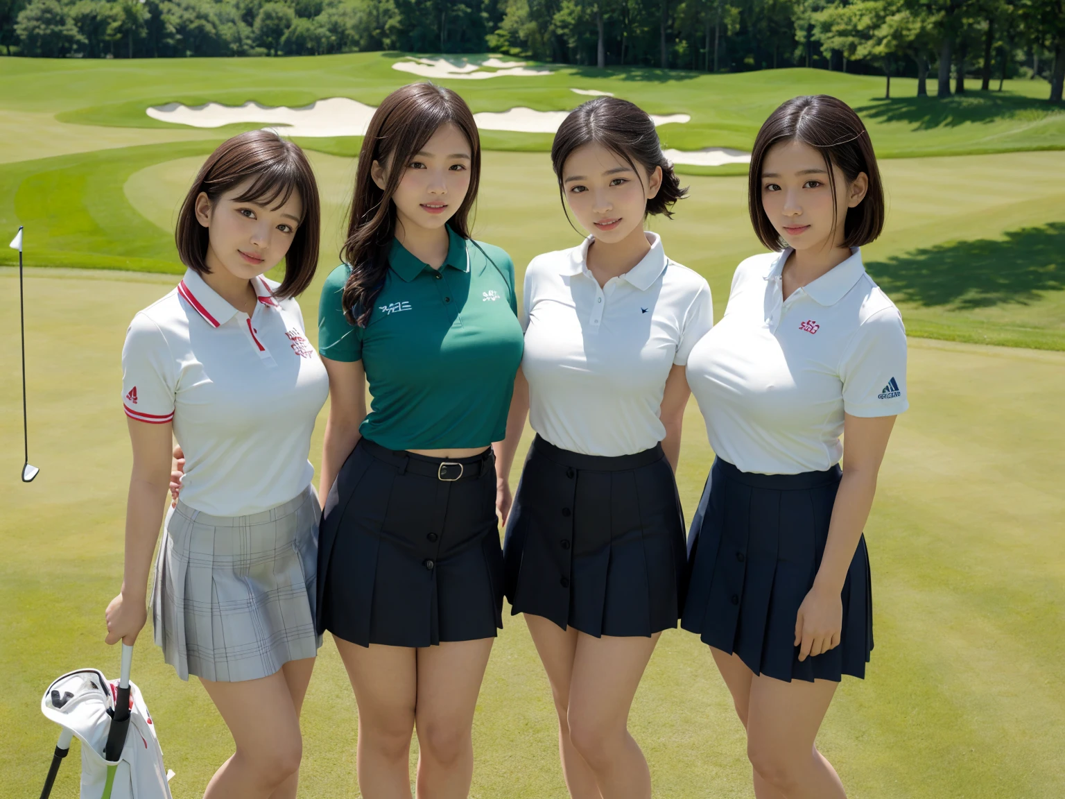 masterpiece, Highest quality, figure, Very detailed, The finer details, High resolution, 8k,wallpaper, Perfect dynamic composition,(Detailed high quality, Realistic depiction of eyes:1.3), (Three Girls), Tight-fitting golf wear with buttons on the collar and chest, Tight golf skirt, Seraphim, Short Bob Hair, The background is an empty golf course, Deep in the field, Large Breasts, Black hair color, Big Natural Color Lip, (Perfect figure), (smile)、Harajuku Style、Elementary school girl in Japan:1.3), Adorable expression、Expressions of happiness、10 years old、height: 145cm、Baby Face、Amazingly cute、Cute type、Beautiful feet, Idol Sculpture、(Big Breasts)、(Erect nipples:1.1)