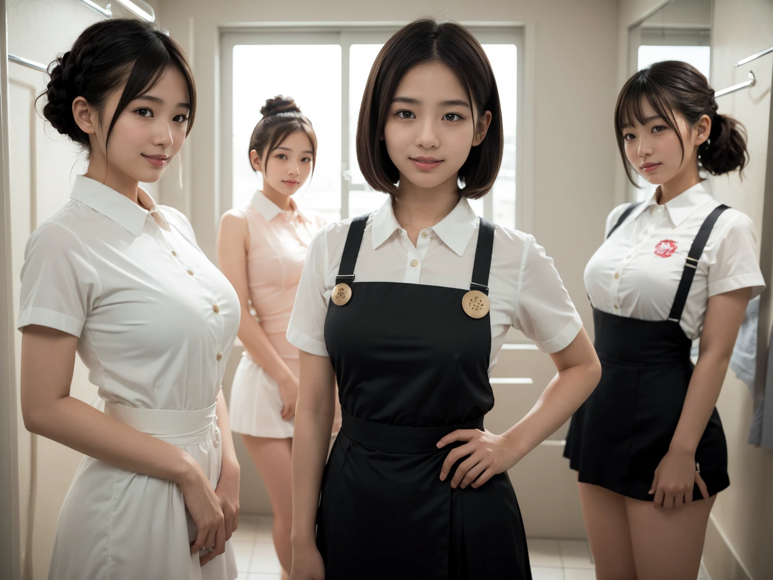 masterpiece, Highest quality, figure, Very detailed, The finer details, High resolution, 8k,wallpaper, Perfect dynamic composition,(Detailed high quality, Realistic depiction of eyes:1.3), (Three Girls),(A tight-fitting waitress uniform with buttons on the collar and chest), Seraphim, Short Bob Hair, The background is an empty changing room, Deep in the field, Black hair color, Big Natural Color Lip, (Perfect figure), (smile)、Harajuku Style、Elementary school girl in Japan:1.3), Adorable expression、Expressions of happiness、、height: 145cm、Baby Face、Amazingly cute、Cute type、Beautiful feet, Idol Sculpture、(Changing clothes in the changing room:1.5)、(In the process of taking off clothes:1.2)