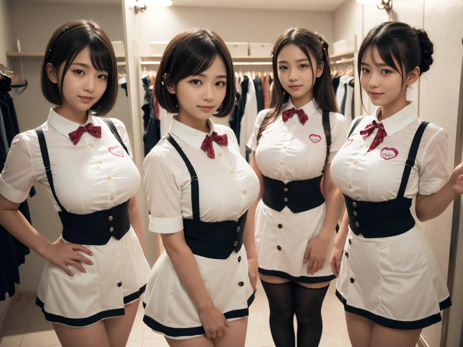 masterpiece, Highest quality, figure, Very detailed, The finer details, High resolution, 8k,wallpaper, Perfect dynamic composition,(Detailed high quality, Realistic depiction of eyes:1.3), (Three Girls),(A tight-fitting waitress uniform with buttons on the collar and chest), Seraphim, Short Bob Hair, The background is an empty changing room, Deep in the field, Black hair color, Big Natural Color Lip, (Perfect figure), (smile)、Harajuku Style、Elementary school girl in Japan:1.3), Adorable expression、Expressions of happiness、10 years old、height: 145cm、Baby Face、Amazingly cute、Cute type、Beautiful feet, Idol Sculpture、(Changing clothes in the changing room:1.5)