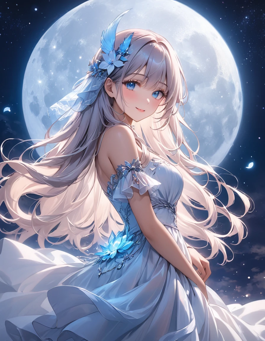 (masterpiece:1.2),(4k),high quality,(perfect anatomy),((arms behind side)),(1 girl),(goddess of the moon),Artemis,silver long hair,beautiful detailed blue eyes,a shy smile,look at viewer,((bioluminescent white dress)),(white dress),Undeservedly beautiful,dreamy romantic,fantastic and dreamy theme,mysterious atmosphere,enchanting dream,fantastical scenes,(silver moon),(silver moon light)