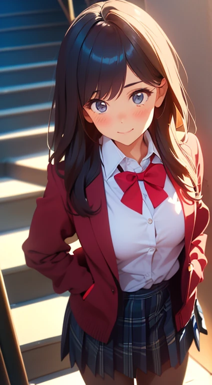 ((mesa, Best Quality, High resolution, NffSW, pixel perfect,  4k, NffSW, NffSW))), 1 girl in, single, Alone, beauty、full body seen、 ((Long shiny straight hair, hits, black fur)), ((Brown Eyed, Beautiful eyelashes, realistic eyes)), ((detailed face, blush:1.2)), ((Smooth texture:0.75, realistic texture:0.65, photorealistic:1.1, cg anime style)), big breasts, dynamic angle, perfect body,  ((red bow tie, School uniform, black jacket, open jacket, brown cardigan, White shirt, black skirt, plaid skirts)), city staircase、Looking up from the bottom of the stairs.、Very embarrassing panic smile., turned around、bending forward、Touch the buttocks with both hands、