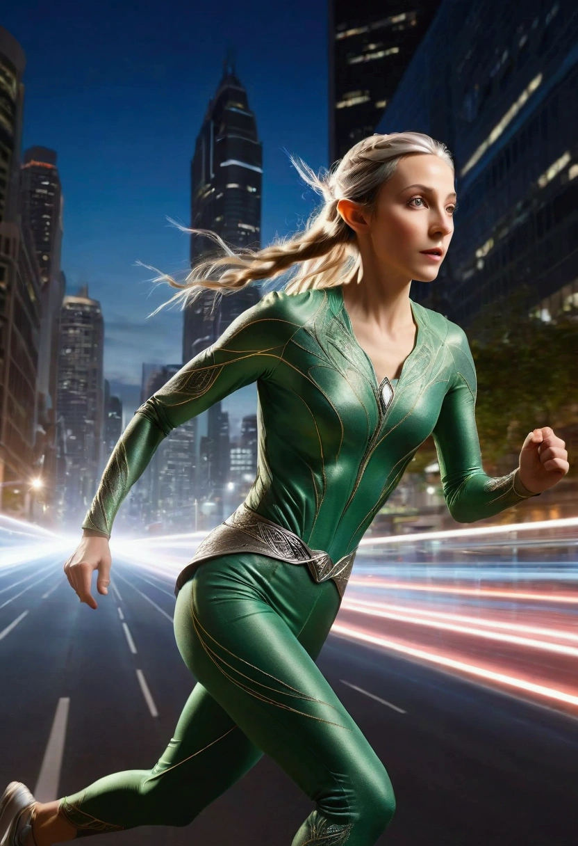 long exposure photo of a close up of {1elven running on a city scrapers with a light trail behind her, sprinting, athlete photography, hyperspeed, tracers, athletic body, cover shot, dynamic active running pose, high-speed sports photography, sports photography, by Edwin Georgi, light speed, high speed motion, dynamic movie still, sport photography, movie promotional image, energy pulsing realistic, detailed, 4k} in motion, blurred edges, slow shutter speed motion photography, shot on Fuji Film XT4 camera f/1.5. ISO 200
