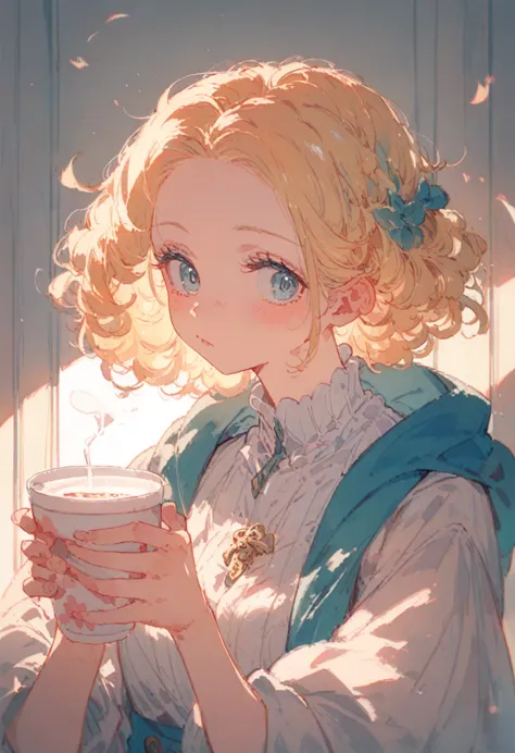 human girl about 15 years old。priest in a fantasy world。milk tea colored curly hair。