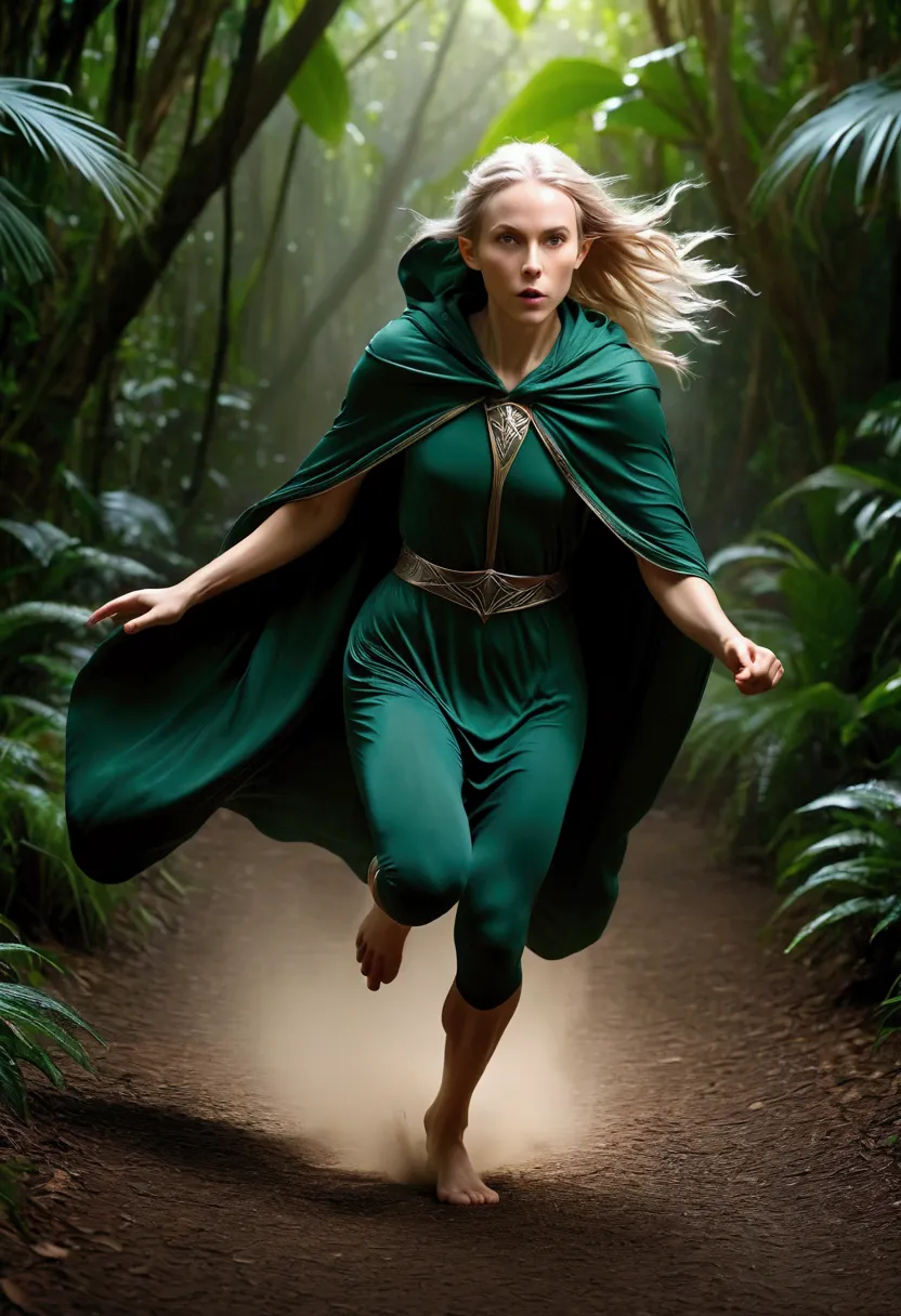 long exposure photo of a close up of {1elven in a cloak running on a jungle with a light trail behind her, sprinting, athlete ph...