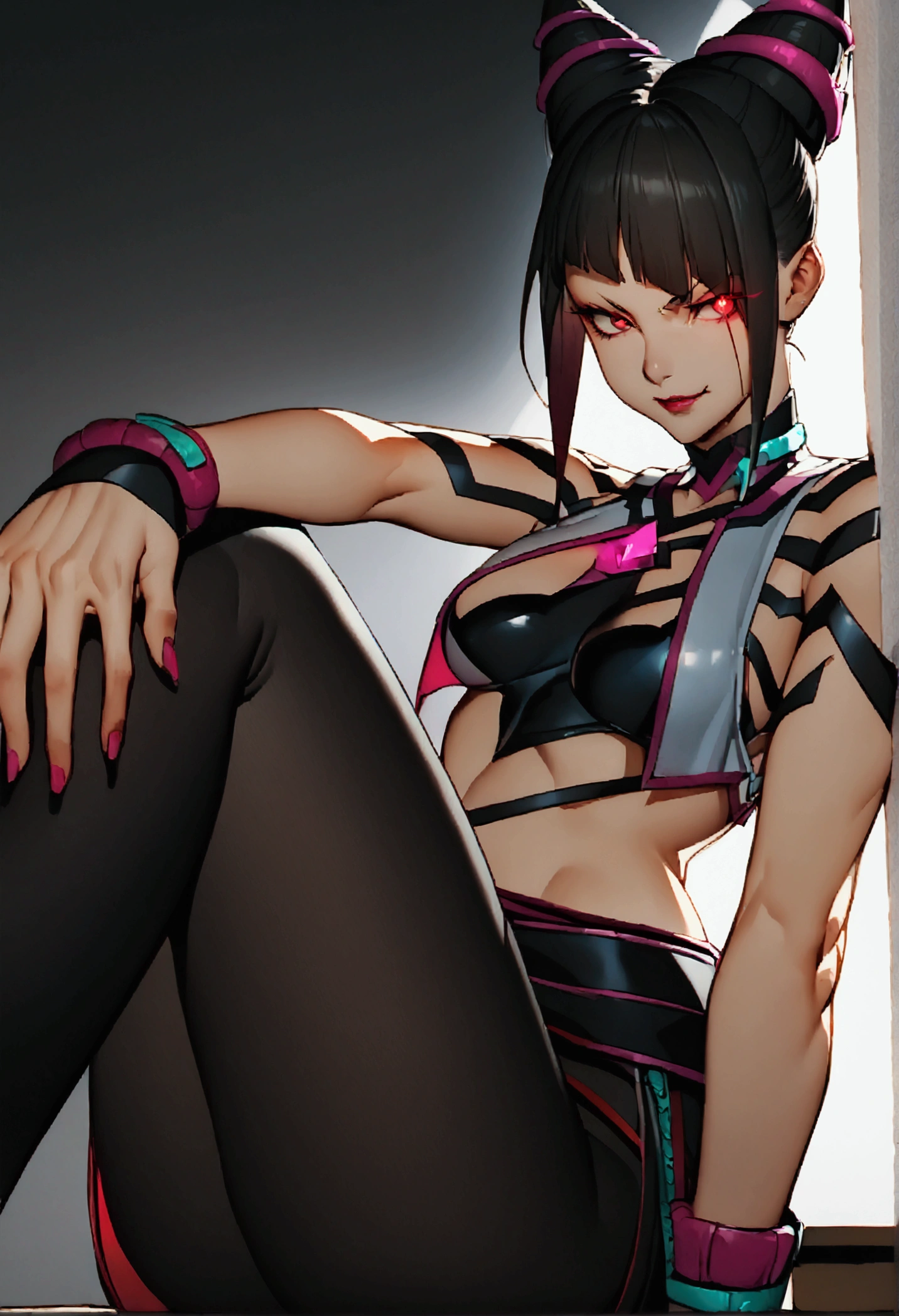 Juri Han, Artwork, fitted white secretary shirt with black tie, mini skirt short, skirt short,black tights, Bblack hair, blackstockings,Evil smile,desk,bangs on the eyes,Lighting,horn of hair,red eyes glowing,neckleace,labiaa,sultry posing,sitting on a chair
