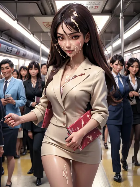 hyperdetailed realistic airbrush painting of (most beautiful sexy japanese woman walking in crowded subway:1.3), (cum on face an...