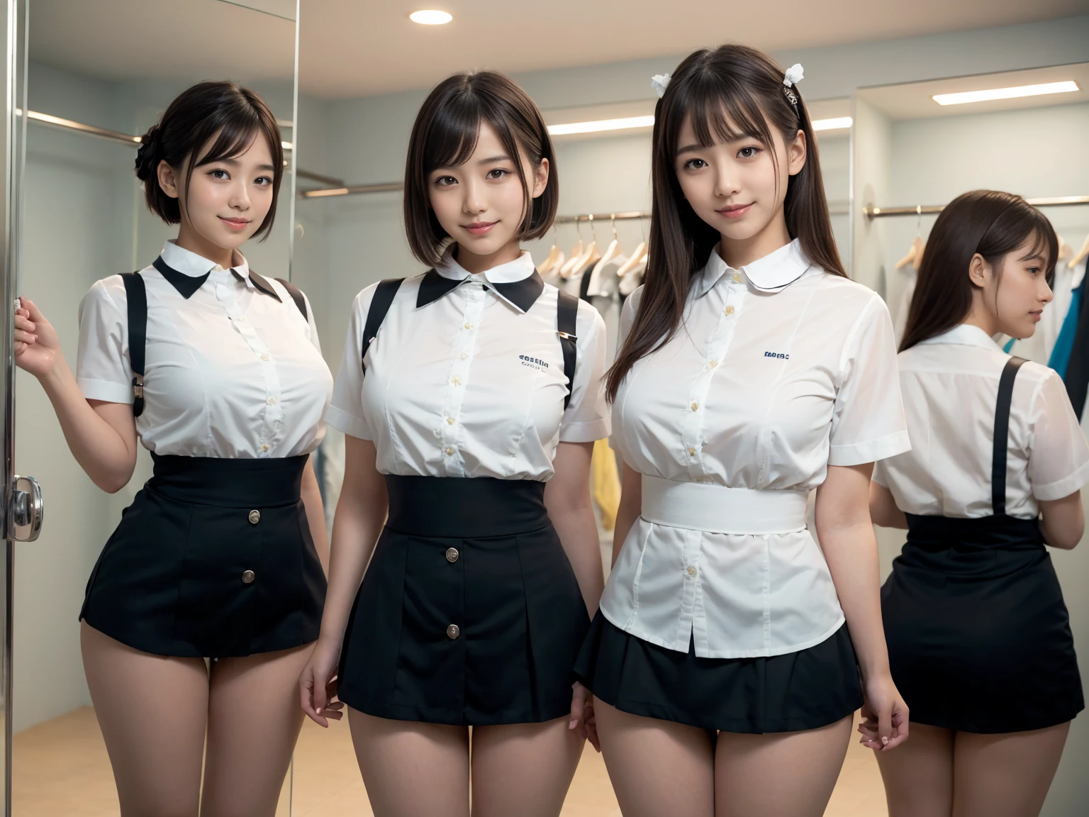 masterpiece, Highest quality, figure, Very detailed, The finer details, High resolution, 8k,wallpaper, Perfect dynamic composition,(Detailed high quality, Realistic depiction of eyes:1.3), (Three Girls),(A tight-fitting waitress uniform with buttons on the collar and chest), Seraphim, Short Bob Hair, The background is an empty changing room, Deep in the field, Black hair color, Big Natural Color Lip, (Perfect figure), (smile)、Harajuku Style、Elementary school girl in Japan:1.3), Adorable expression、Expressions of happiness、10 years old、height: 145cm、Baby Face、Amazingly cute、Cute type、Beautiful feet, Idol Sculpture、(Changing clothes in the changing room:1.5)