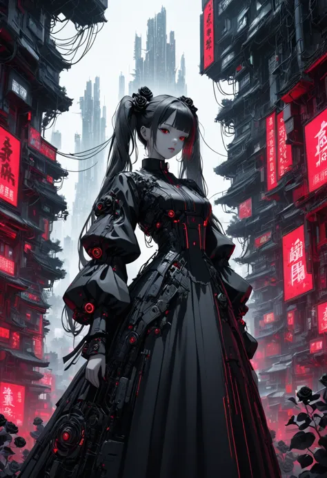 a picture of a girl walking through a cyberspace chinatown.chinatown is lined with tall buildings and many electric wires.a beau...