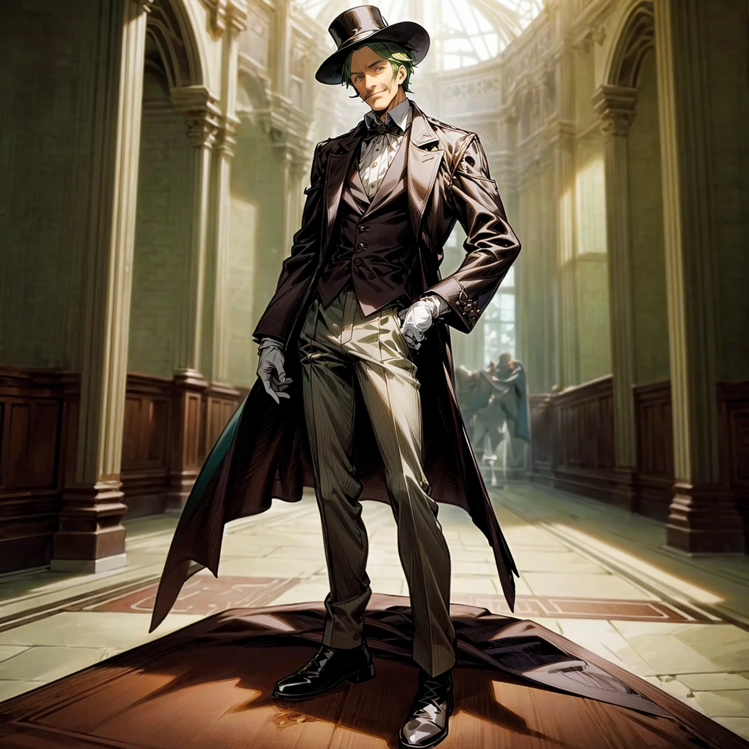 Solo character, middle aged man, tall height, full body version, green colour hair, short haircut, formal suit clothing, white color clothing, brown pants, boots, gloves, indoor, medieval, Castle, top hat pandora, (moustache), (black clover style art), detailed clothing, detailed hair, detailed background, standing gesture, blue fire in hand, smile mouth,