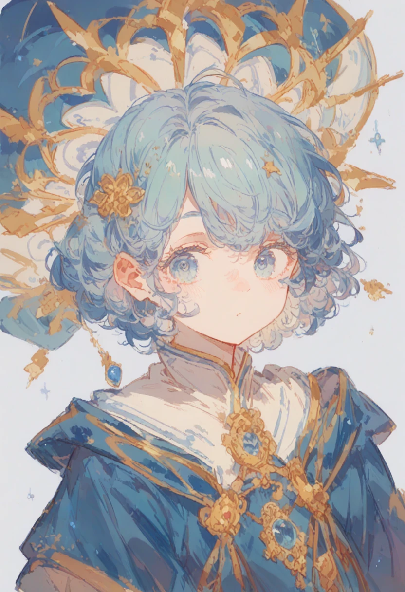 Human girl about 10 years old。Priest in a fantasy world。White base with gold embroidery、Blue robes as accent color。Light chestnut curly hair。Plain white background。