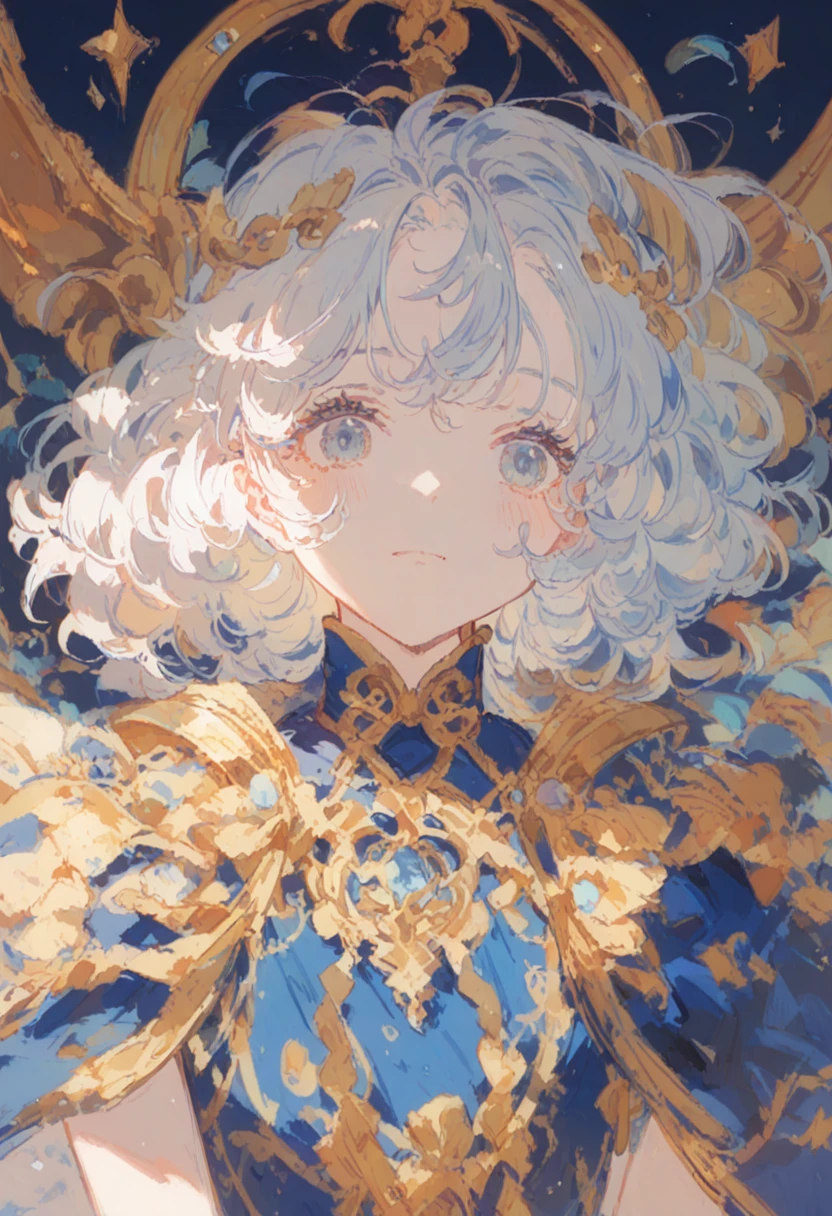 Human girl about 10 years old。Priest in a fantasy world。White base with gold embroidery、Blue robes as accent color。Light chestnut curly hair。Plain white background。