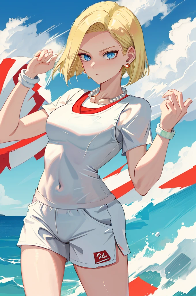 beste Qualität, highres, UND18, 1 Mädchen, android 18, Solo-Mädchen, 1 Mädchen, Blondes Haar, blaue Augen, Sport-Sneakers, rot-weiße Volleyballuniform, Perlenkette, weiße Lycra-Mikroshorts, Kurzes Haar, weißes Lycra-Sporttop, Ohrringe, Schweißbänder für das Handgelenk, mittlere Brüste, Cowboy-Schuss, Meeresufer, geradeaus, (Wetter: und windig), nasser Körper, wet shirt, Süßes Lächeln, Kampfhaltung, Oberschenkelhohe Socken, Volleyballplatz, garter belt,