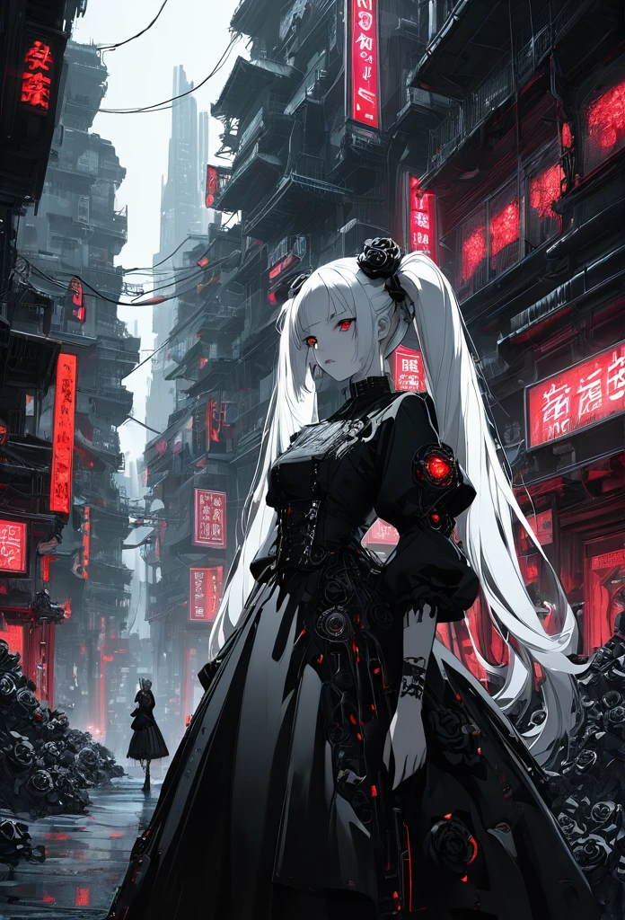 A picture of a girl walking through a cyberspace Chinatown.Chinatown is lined with tall buildings .Electric wires connect many buildings,.a beautiful girl with long red twin tails, red eyes, wearing a gorgeous black and white gothic lolita dress in a cyberpunk style, with many visible mechanisms and red neon lights shining from the clothes, against a pure white background with many black roses, in a bewitching pose, 1girl, robot style black and white barrette, (Landscape paintings with a focus on the background:1.5),(best quality,4k,8k,highres,masterpiece:1.2),ultra-detailed,cyberpunk,gothic lolita,intricate details,ornate,dramatic lighting,fine details,mechanical,red neon,black roses,high fashion,elegant,alluring,captivating