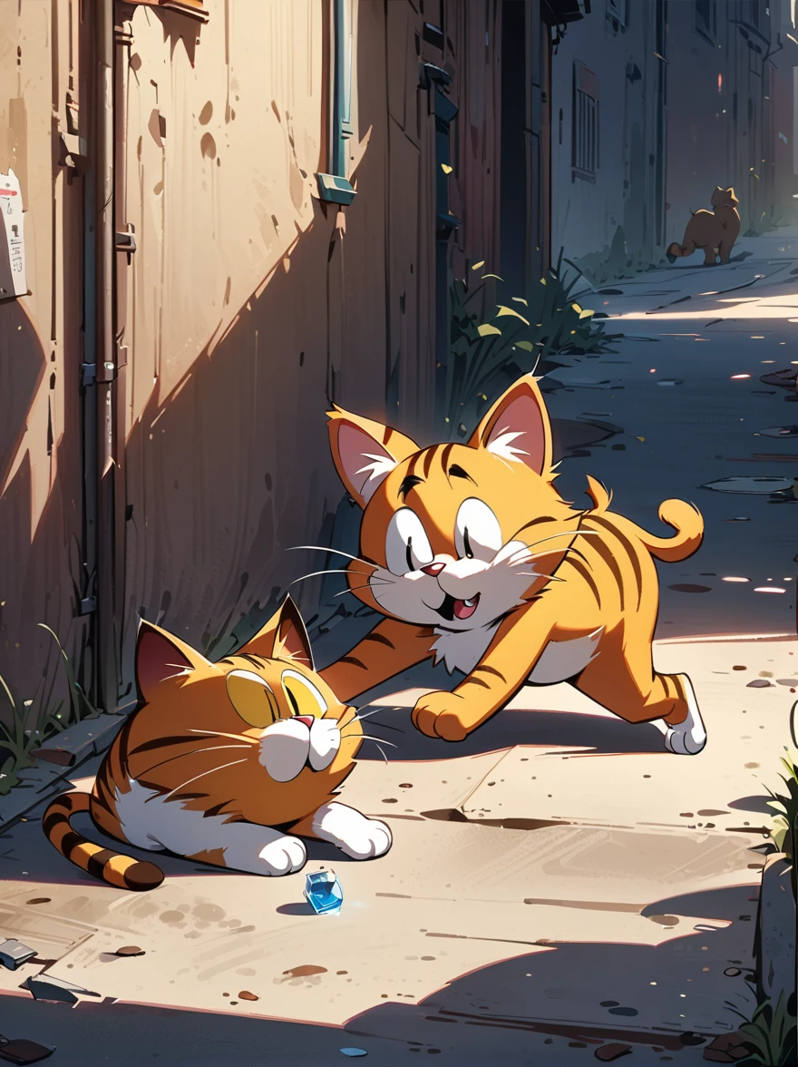 stray cat, Garfield, cinematic lighting, dramatic shadows, award winning digital art, highly detailed, 8k, masterpiece