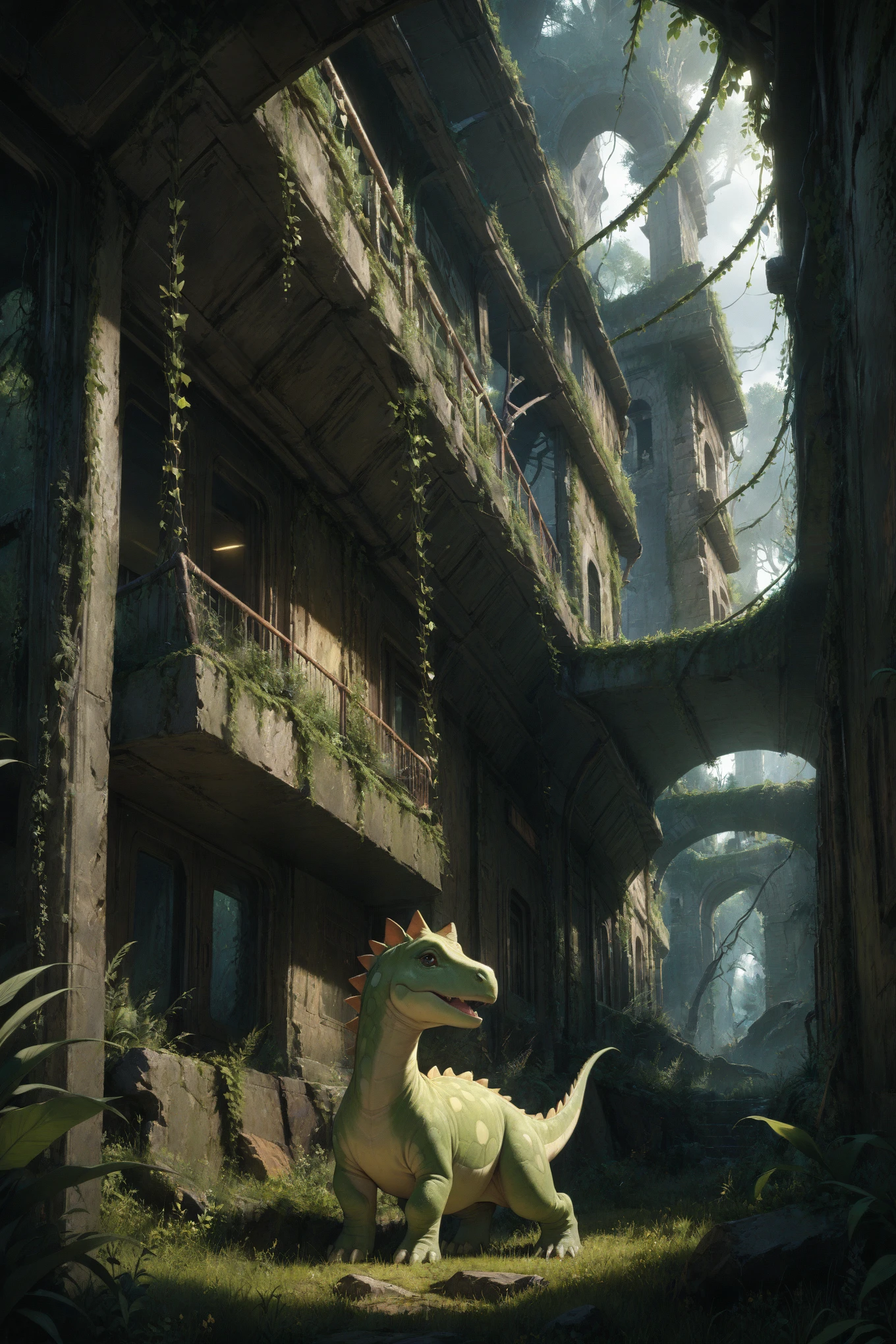 ,Moos,vines,Overgrown,tree,ruins,Baby Dinosaur,​masterpiece,best quality,extremely detail,8k,super nice illustration,Very detailed beautiful face and eyes,perfect anatomy,professional lightning,