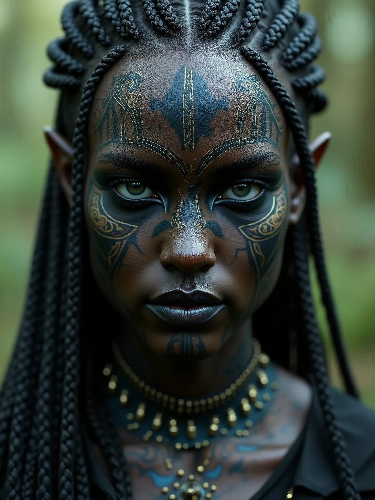 a close up of a woman with a face painted with black and gold