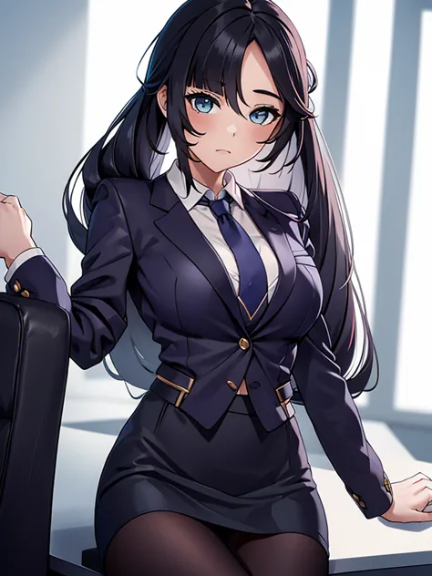 (mona), 1girl, wearing a office suit, black tight skirt, at an office, mona's hair style , 8k, high detailed, high quality