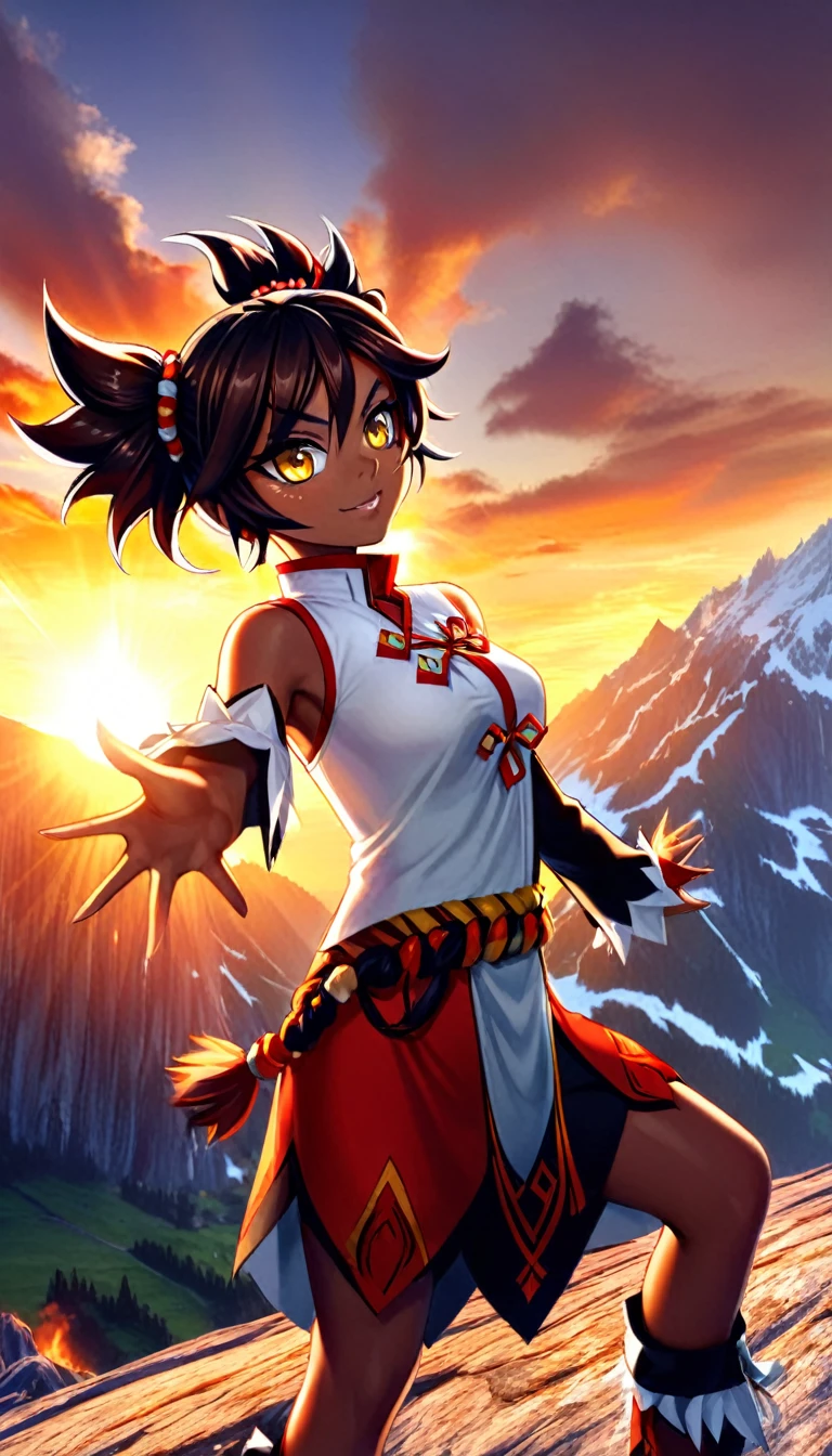 xinyan, tanned skin, sharp eyes, yellow eyes, add_detail:2, twintails, dynamic pose, happy, cliffa background, sun rays, fire embers floating in air, sunset, mountain top, (dynamic angle:1.1), sharp focus, (from a skewed angle), xinyan \(genshin impact\), 