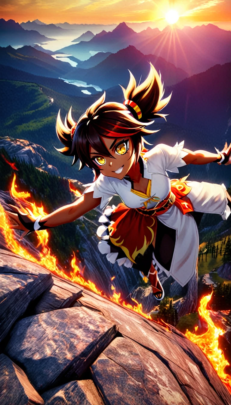 xinyan, tanned skin, sharp eyes, yellow eyes, add_detail:2, twintails, dynamic pose, happy, cliffa background, sun rays, fire embers floating in air, sunset, mountain top, (dynamic angle:1.1), sharp focus, (from a skewed angle), xinyan \(genshin impact\), 