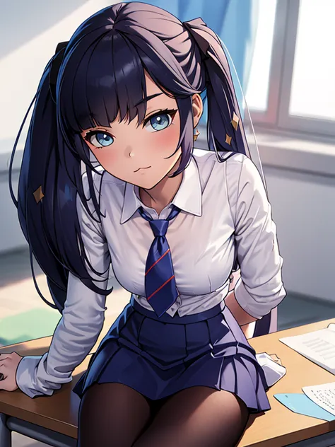 (mona), 1girl, as a school girl, wearing a school uniform with white shirt and blue skirt, at a classroom, mona's hair style , 8...