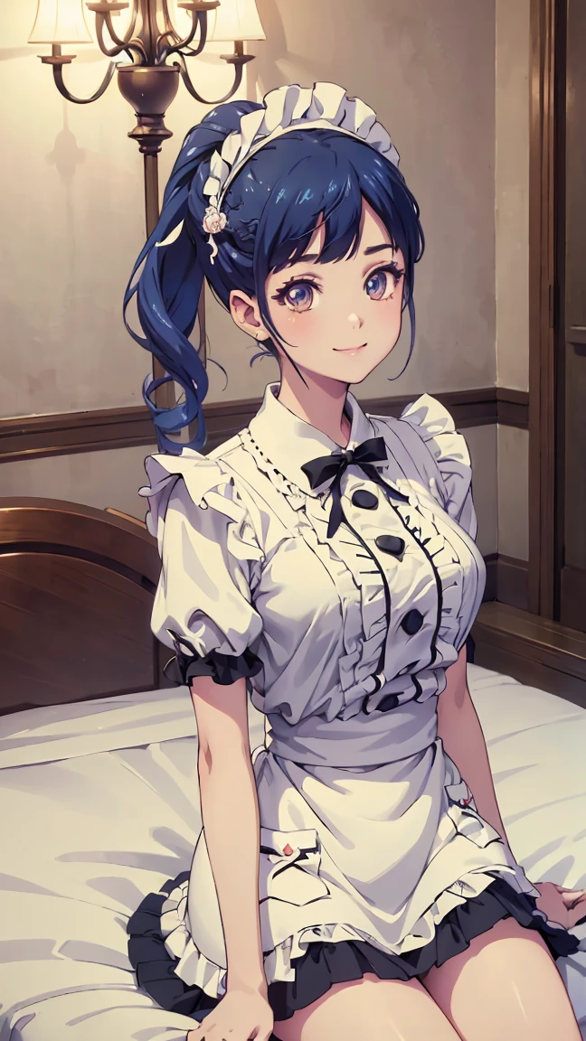  maid, maid headdress, striped dress, white apron, black ribbon,blonds color hair,BREAK looking at viewer, (cowboy shot:1.5), BREAK (masterpiece:1.2), best quality, high resolution, unity 8k wallpaper, (illustration:0.8), (beautiful detailed eyes:1.6), extremely detailed face, perfect lighting, extremely detailed CG, (perfect hands, perfect anatomy),---(beautiful anime face, cute face, detailed face), smile of joy, smiling expression, sitting on bed, cowboy shot, miniature human hand, (((medium bust 1.3))), (((thin thighs 1.3))), ((white walls bedroom 1.5)), ((white framed bed 1.5)), ((white ceiling bedroom 1.5)), ((divine light 1.5)), pure white chalk interior, pure white marble interior, ((Pure white bedroom like a Western castle: 1.5)), ((Luxurious pure white canopy bed: 1.4)), ((Chandelier: 1.4))), ((Pure white bed 1.5)), ((Beautifully decorated bedroom 1.5)), perfect anatomy, perfect proportions, nice lighting, bright colors, clean lines, information, blurred, stunning facial expression, restless emotions, gorgeous and cute, beautiful face and eyes in every detail, (masterpiece) beautiful face, young and handsome girl, really perfect skin, blurred, stunning facial expression, restless emotions, gorgeous and cute, beautiful face and eyes in every detail, (Audrey Hepburn), (cute), (J-POP idol), (thighs, (depth of field), (depth of field), soft light, glittering lens gaze, (droopy eyes), straight teeth, shy smile, flowing hair, a scene from Blake's movie,