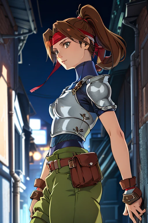 masterpiece, best quality, jessie rasberry, headband, armor, blue bodysuit, belt, pouch, green pants, from side, dystopian city, city alleyway, night, chiaroscuro shading, looking at viewer, turning head 