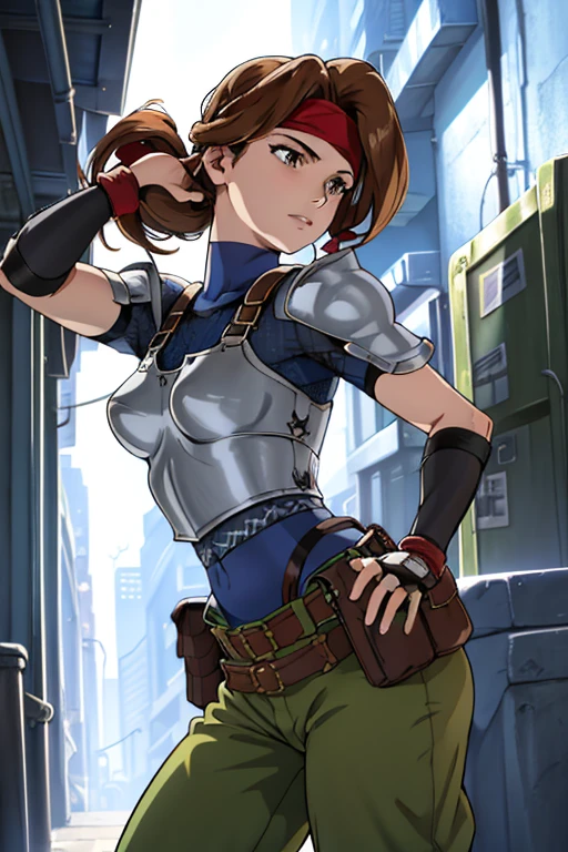 masterpiece, best quality, jessie rasberry, headband, armor, blue bodysuit, belt, pouch, green pants, from side, dystopian city, city alleyway, night, chiaroscuro shading, looking at viewer, turning head 