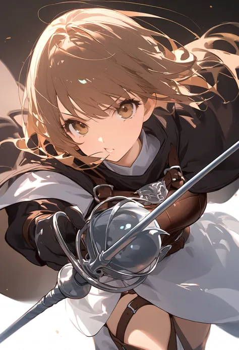 leather armor、round shield、rapier、pale brown hair、monastic uniform、white background