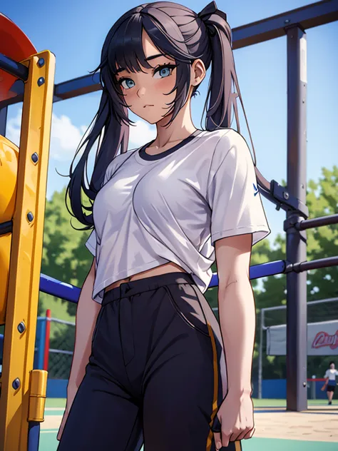 (mona), 1girl, as an athlete, wearing a sports t-shirt and pants, at a playground, mona's hair style , 8k, high detailed, high q...