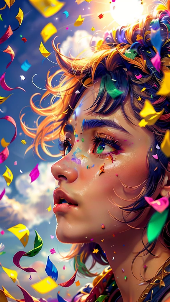 (Reality: 1.3), Are you okay, quality, Rembrandt Lighting, (masterpiece: 1.2), (Reality: 1.2), (Best quality), (Skin Details: 1.3), (Intricate details), dramatic, Idyllic, Ray Tracing, ((Full-color confetti floating in the sky, Lots of confetti), (sun, cloud, Starlight, Trail, Non-human)) Scenario Design, Lots of confetti
