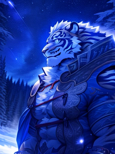 Blue fur tiger,portrait, blue and white fur,fluffy, giant, muscular body, large muscles, large muscle pecs, blue cloak, snowy forest night, night sky, snowy, landscape, depth of field, light particles, (best quality:1.1), (masterpiece:1.1), (ultra detailed:1.1), sharp focus, light particles,cool pose,handsome,smile